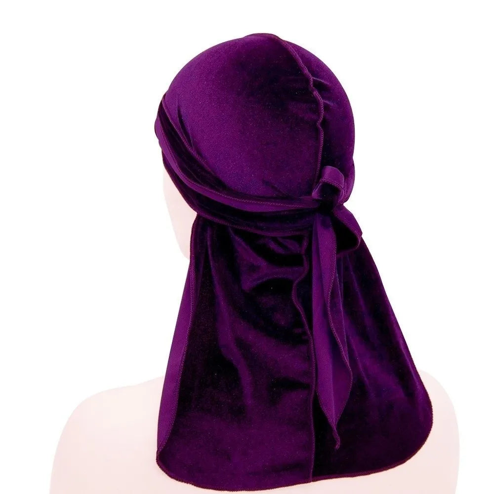 Nouveaux Durags en Velours Casquettes Longue Queue Chapeau Turban Respirant Bandeau Élastique Réglable Accessoires pour Cheveux
