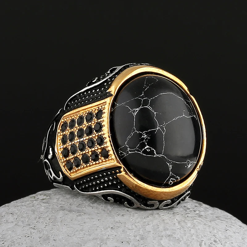 Dropshipping Vintage Gothic Stil Schwarzer Stein Ring 316L Edelstahl Geschnitzter Ring Herren und Damen Mode Biker Schmuck Geschenk