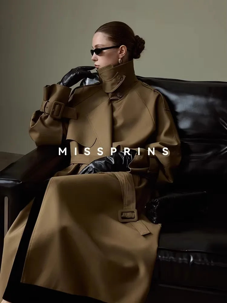 Lautaro Frühling Herbst Langer Khaki Trenchcoat für Damen Gürtel Zweireiher Schick Luxus Designer Europäische Mode Kleidung 2025