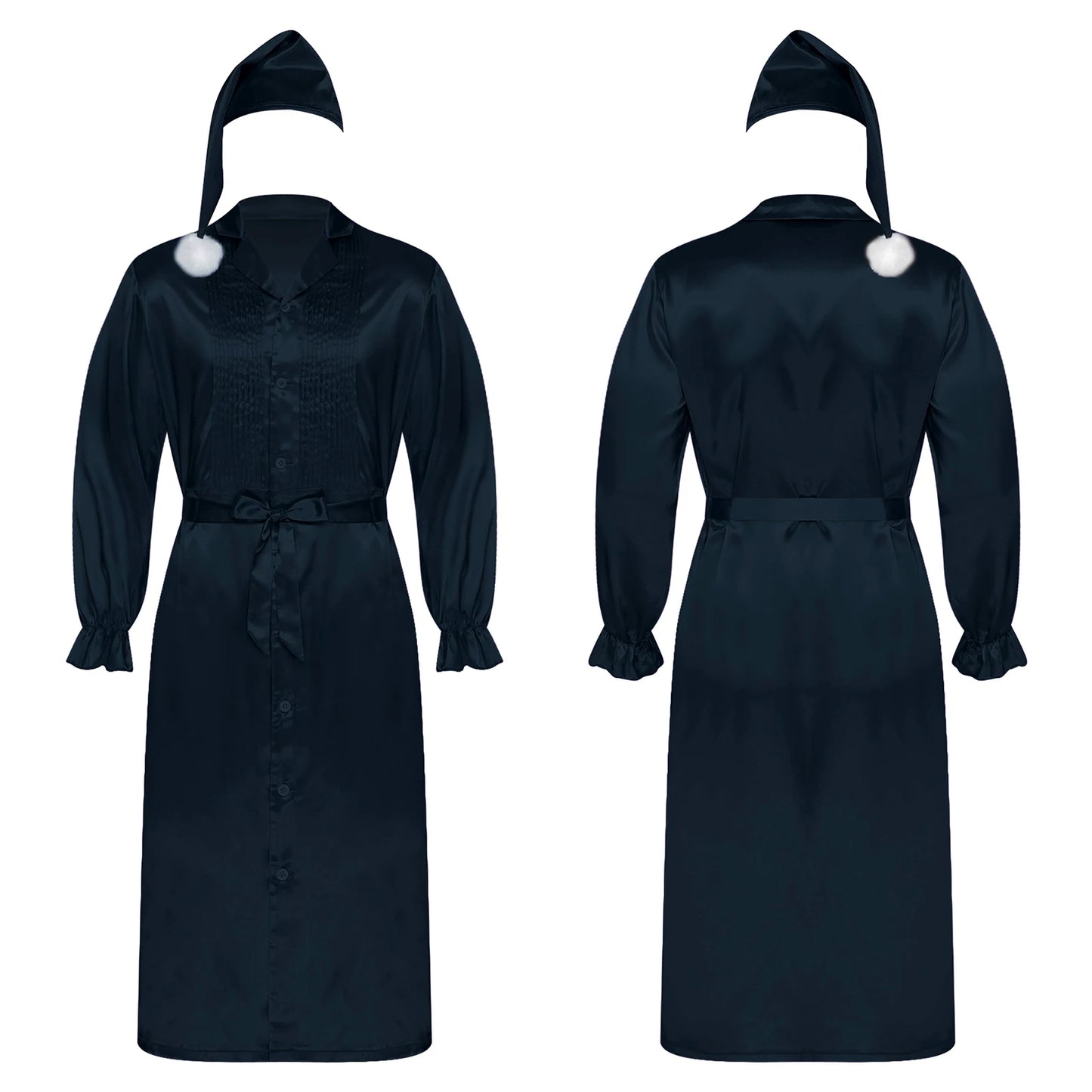 Herren Sissy Pyjama Satin-Nachtwäsche Nachthemd mit Schlafhaube Langarm Rüschenmanschetten Plissierter Brustumhang mit Gürtel Vintage