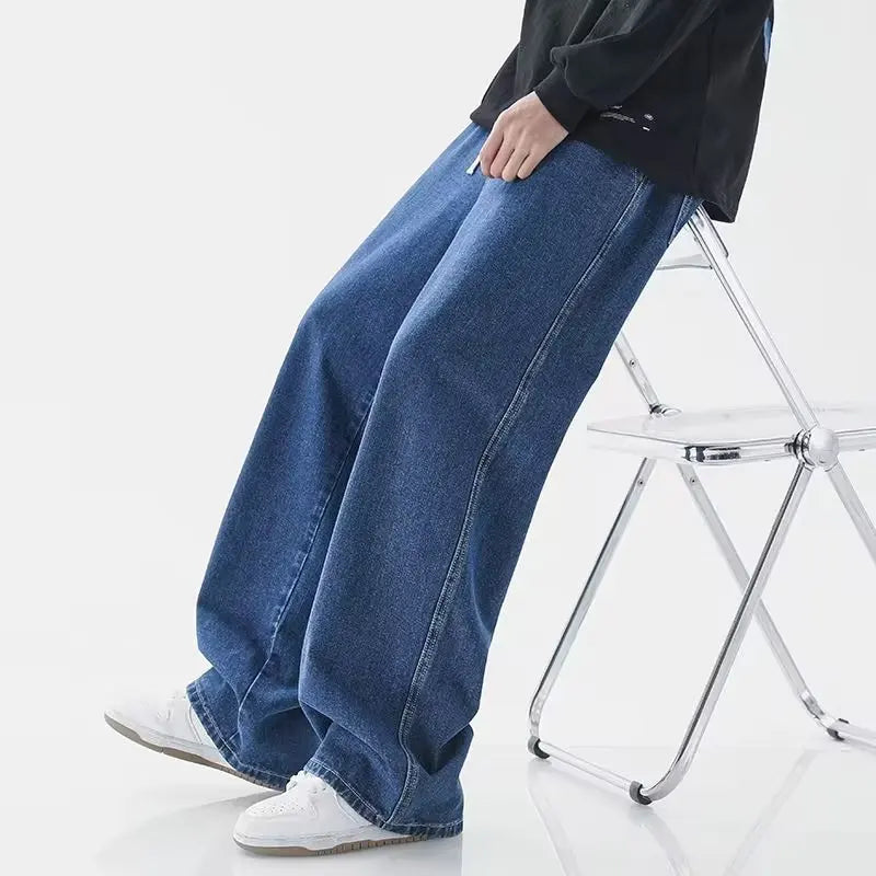Jeans amples coréens pour hommes, taille élastique, couleur unie classique, jean à coupe droite, pantalon large pour hommes, bleu clair, gris, noir