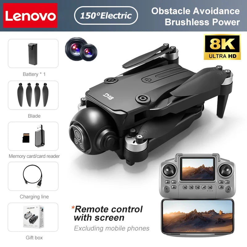 Drone Lenovo D18 8K HD Double Caméra Photographie Aérienne Évitement d'Obstacles Moteur Sans Balais 5G WIFI GPS Retour d'Écran RC Quadcopter