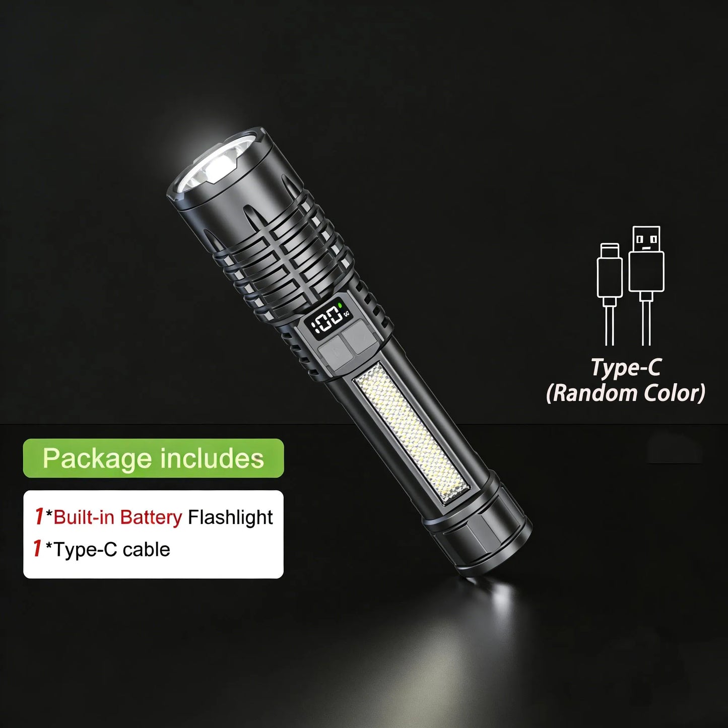 Super Bright COB LED Flashlight TYPE-C Rechargeable Zoomable With Side Light Waterproof Torch Camping Hiking Emergency Outdoor