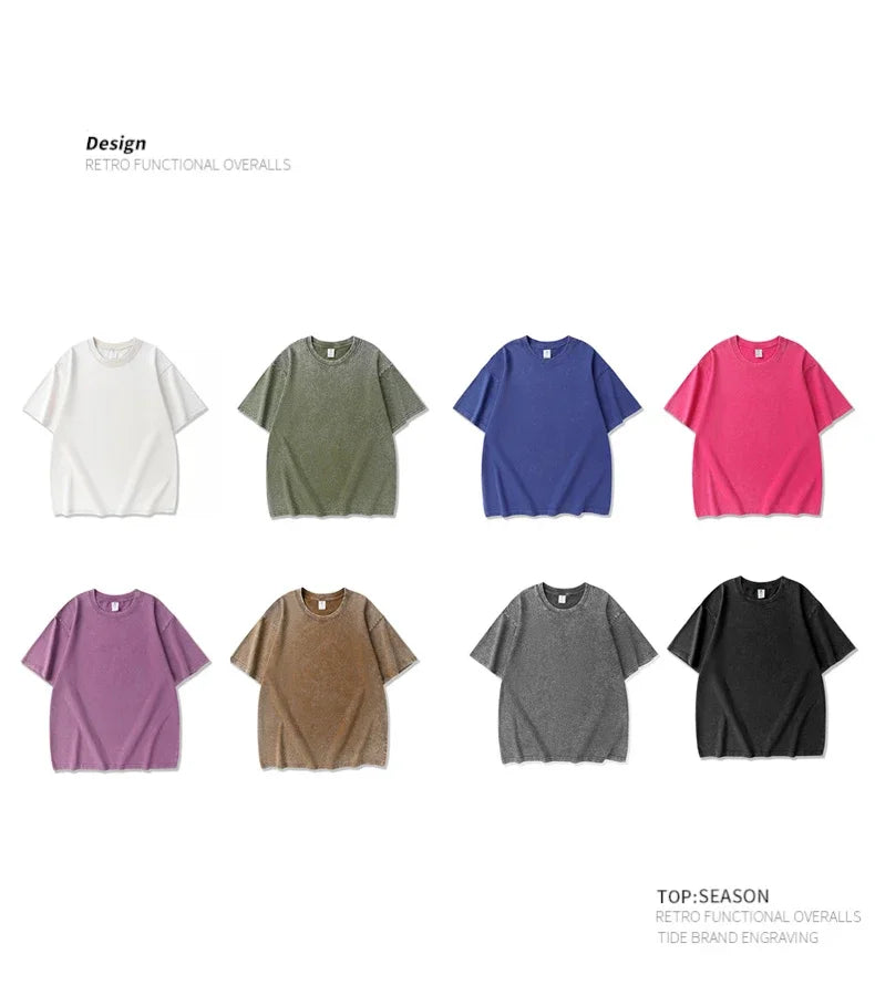 250gsm Men's Washed Vintage T-Shirts Street Hip Hop Retro Punk T Shirt Women Harajuku Casual Cotton Short Sleeve Acid Wash Tops