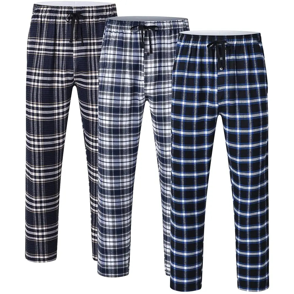 Pyjama Homme 3 Pièces Coton Carreaux, Pantalon de Pyjama Long Carreaux avec Taille Élastique pour Homme