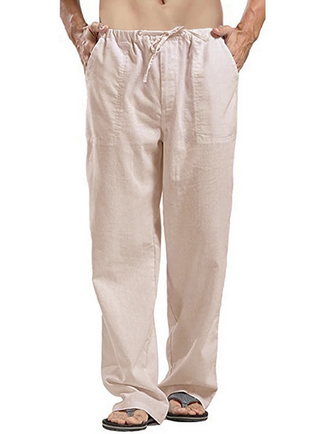 Herren Baumwolle Leinen Lange Hose Leicht Kordelzug mit Taschen Bequeme Gerade Bein Freizeithose für Sommer Strand