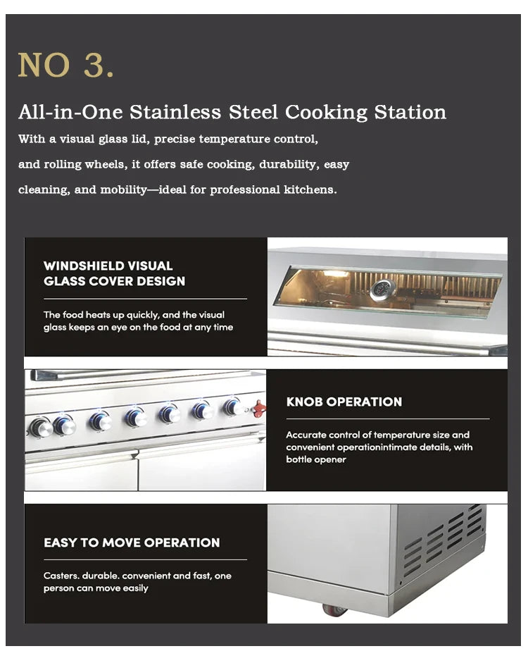 Cuisines d'extérieur modernes modulaires fonctionnelles en acier inoxydable avec grill, plaques de cuisson, évier, réfrigérateur et LED pour patio et jardin.
