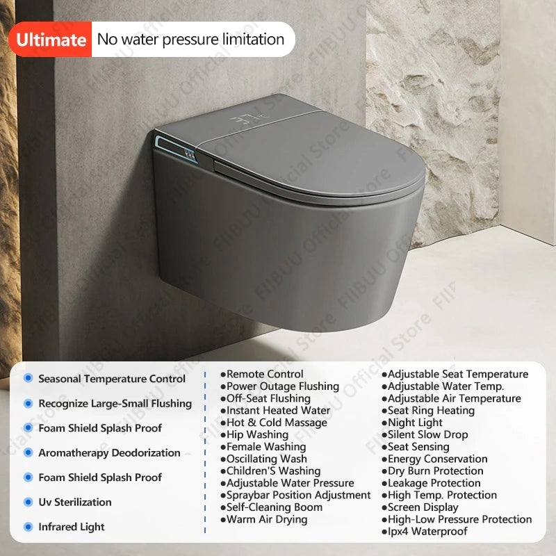Schwarz/Grau/Weiß Ultimate Wand-WC Smart Toilet mit Bidet Eingebauter Wassertank Einteilige Langgezogene Toilette Warmwasser Beheizter Sitz