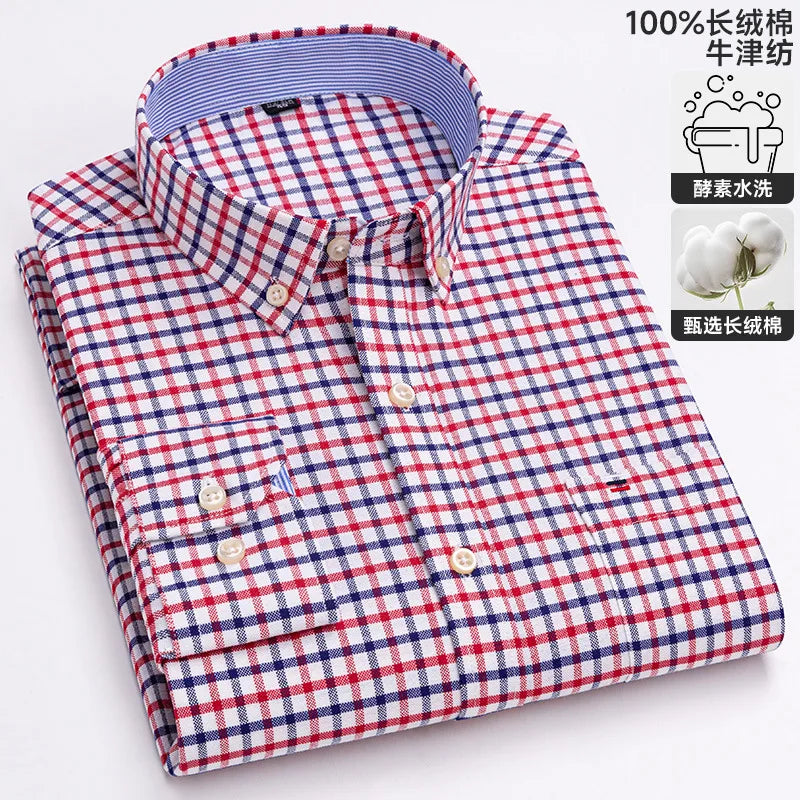 100-220 catties Plus Size Men's Shirt 100% Cotton Long Sleeve Business Casual All Oxford Spinning Plus Size Plaid Shirt