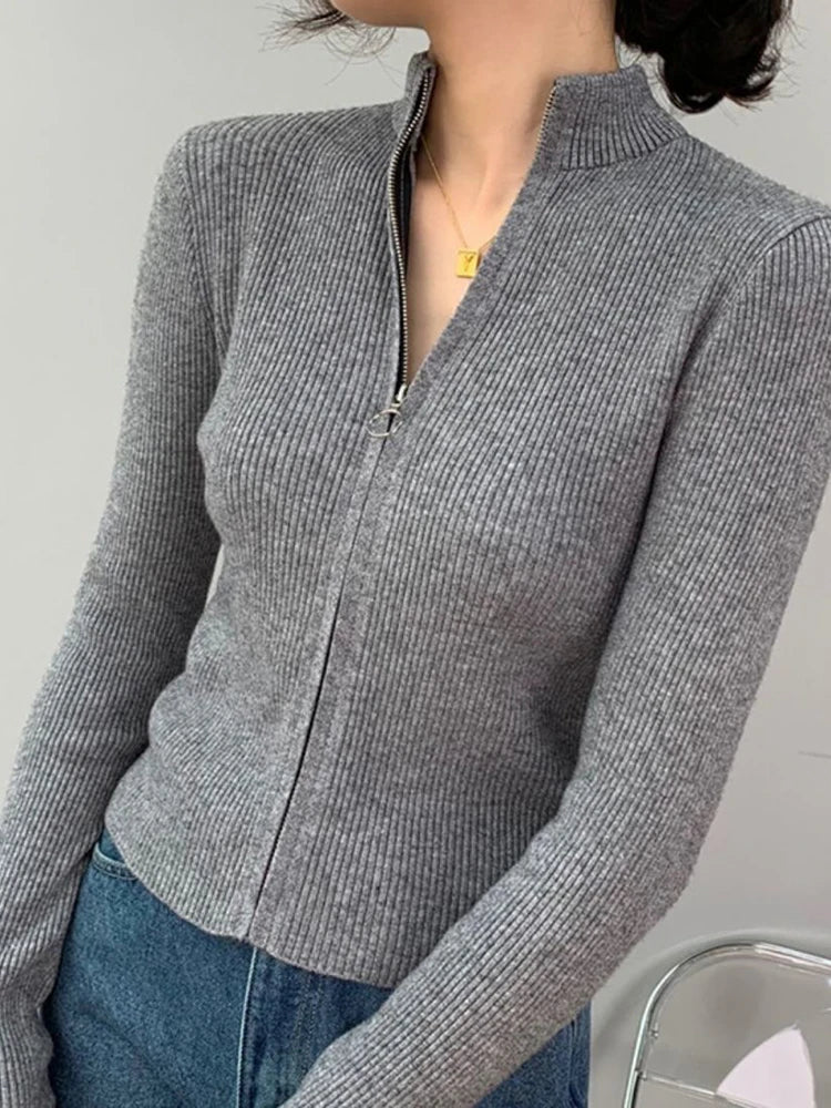 Frühling Herbst Reißverschluss Cardigan Damen Pullover Gestrickt Langarm Stehkragen Oberteile Koreanische Mode Kurzer Pullover für Damen