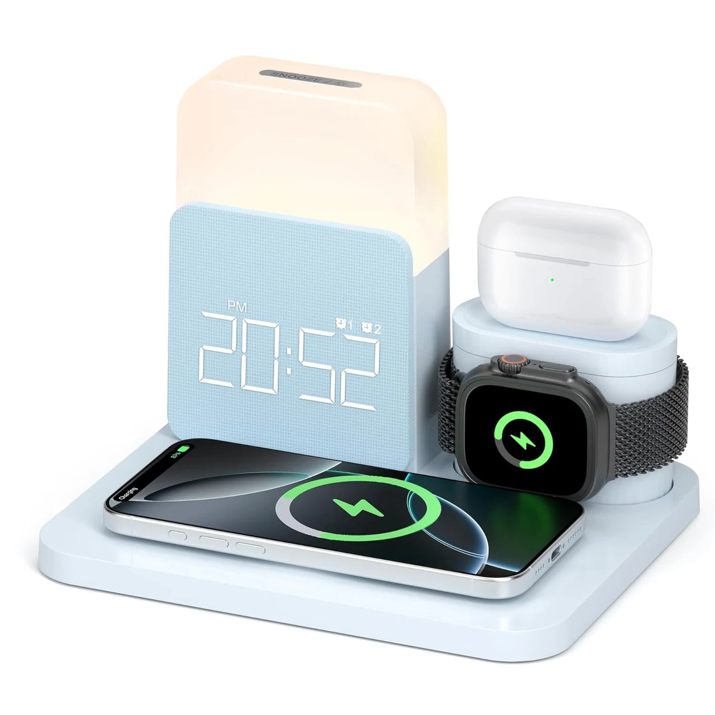Chargeur réveil MagSafe 7-en-1 - Station sans fil pour iPhone 12-16/Samsung/Xiaomi/Huawei/Apple Watch/AirPods avec veilleuse
