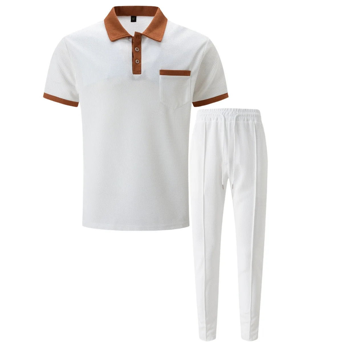 Ensemble deux pièces gaufré pour homme : polo contrasté avec poche poitrine et pantalon long à cordon de serrage, tenues décontractées pour la vie quotidienne.
