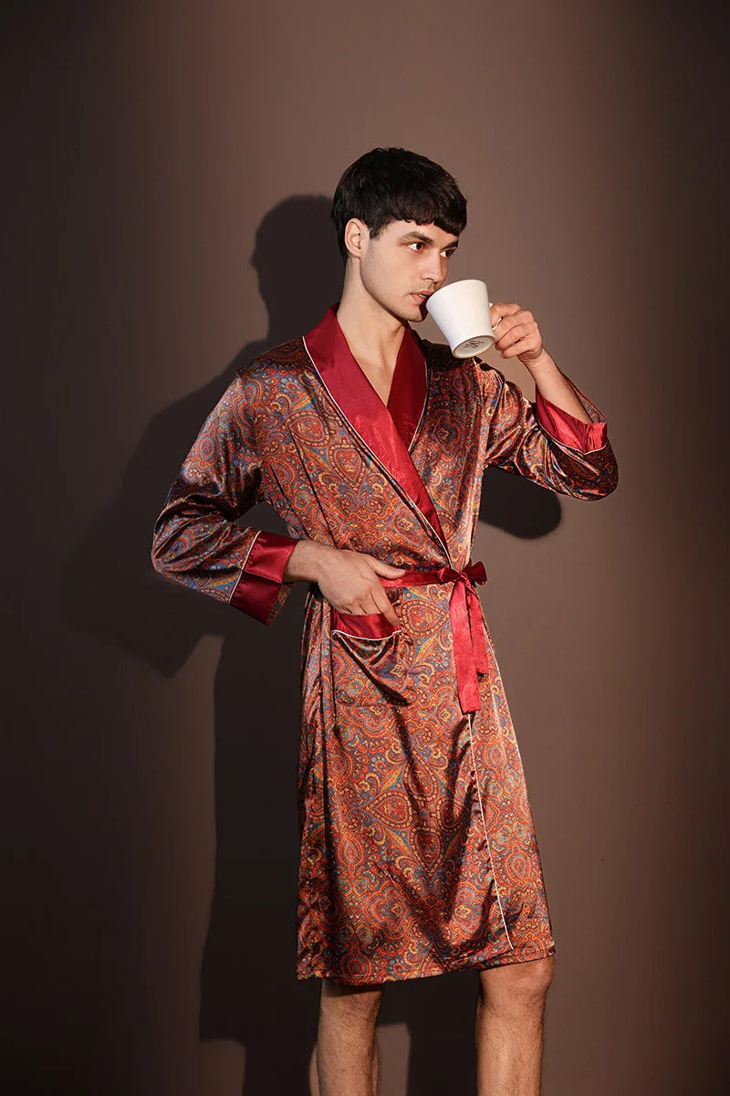 Peignoir d'été fin pour hommes, Robe de nuit de haute qualité, Peignoir une pièce, Vêtements d'intérieur masculins, Pyjama en soie glacée imprimé de grande taille pour homme, printemps