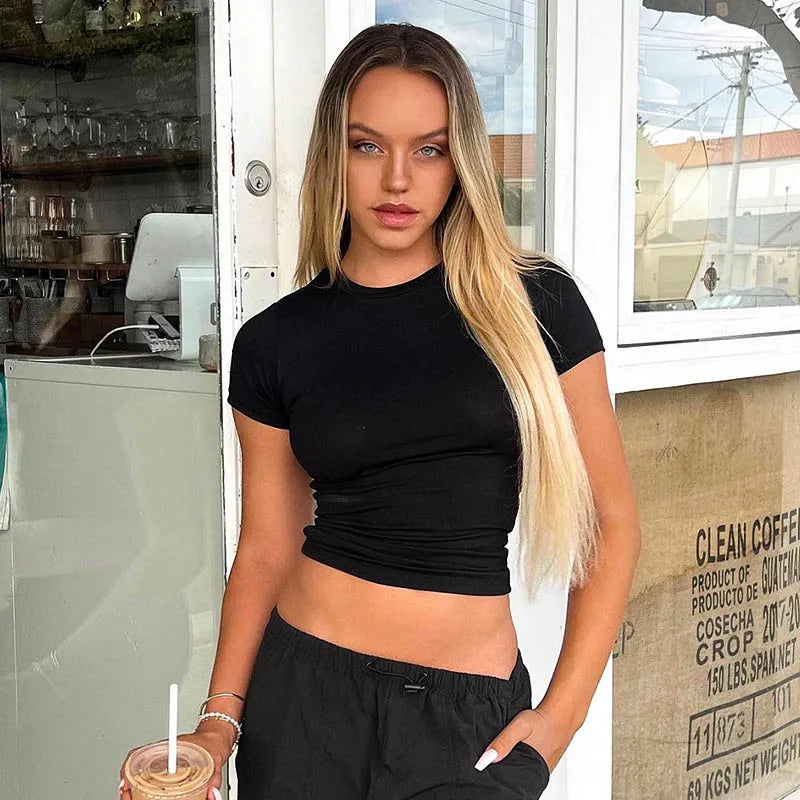 2025 Printemps Nouveau T-shirt à Manches Courtes Femme Uni Simple Décontracté Doux Polyvalent Chaud Basique Crop Tops Tees Mode d'Été