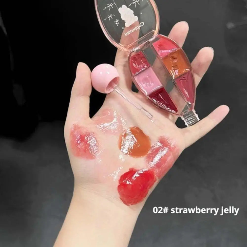 Sechs-Farben-Erdbeer-Spiegel-Gelee-Lippenstift-Palette Juicy Pink Solide Lipgloss-Set Feuchtigkeitsspendendes Lippenöl mit Silikonbürste
