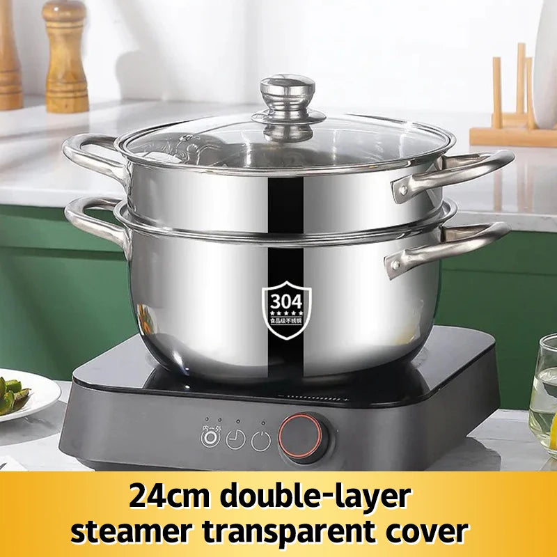 【R】Stainless Casserole Cookware Double Handle Soup Pot With Glass Cover For Induction Cooker Cooking