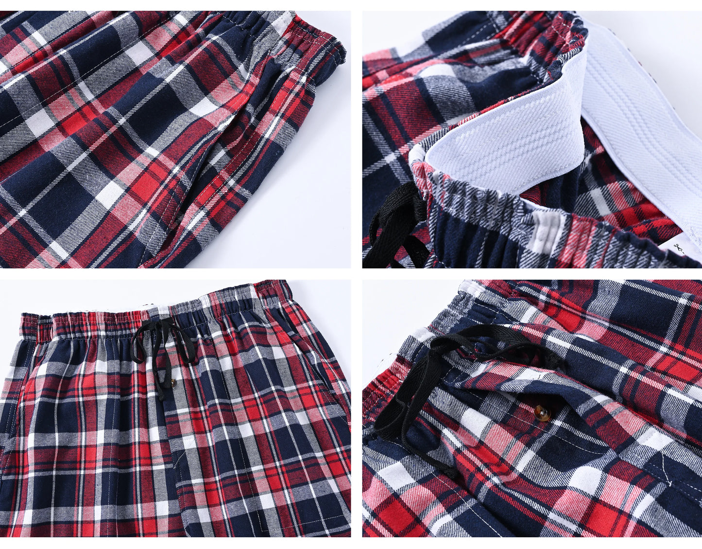 Pyjama Homme 3 Pièces Coton Carreaux, Pantalon de Pyjama Long Carreaux avec Taille Élastique pour Homme