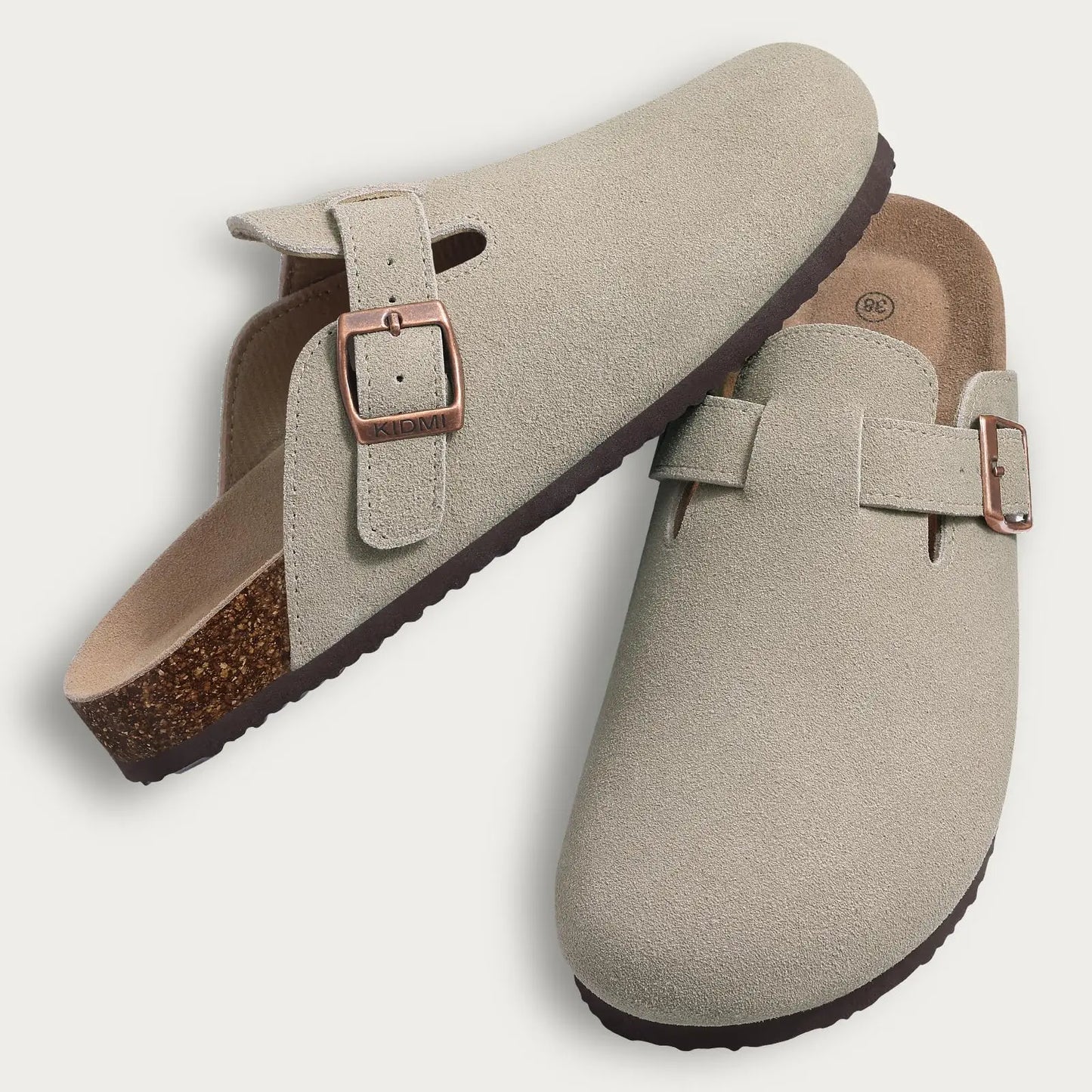 KIDMI Wildleder-Clogs für Damen Herren Pantoletten Korkfußbett Sandalen mit Fußgewölbestütze Modische rutschfeste Outdoor-Strandschuhe Hausschuhe