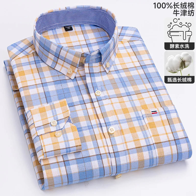 100-220 catties Plus Size Men's Shirt 100% Cotton Long Sleeve Business Casual All Oxford Spinning Plus Size Plaid Shirt