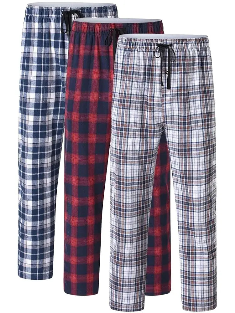 Pyjama Homme 3 Pièces Coton Carreaux, Pantalon de Pyjama Long Carreaux avec Taille Élastique pour Homme
