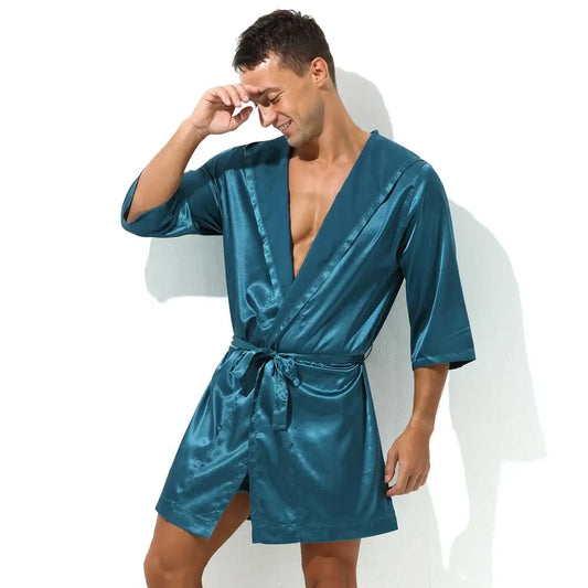 Sexy Nachtwäsche Herren Bademäntel Weich Seidig Kurzarm-Nachthemd Herren Hauskleidung Morgenmantel Herren Schlafanzug (Ohne Shorts)