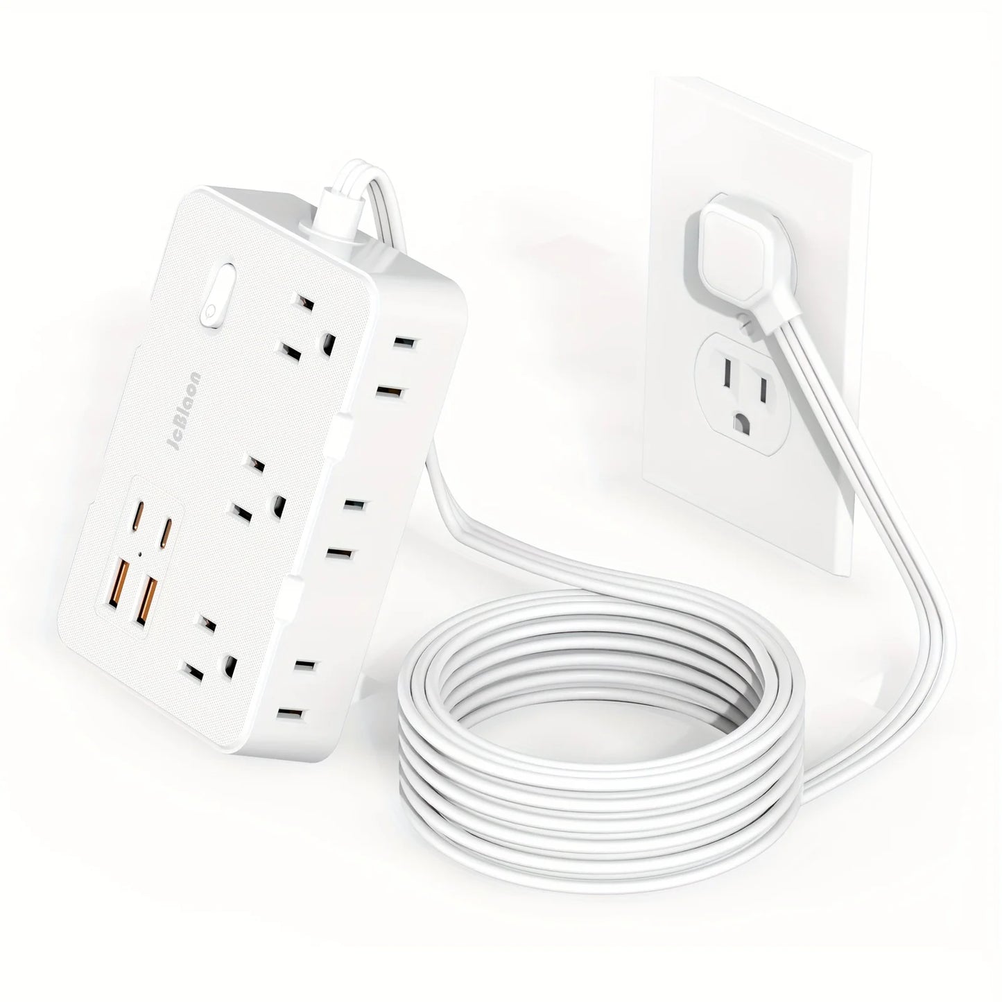 Ultraflaches Flachstecker-Verlängerungskabel mit 4 USB-Anschlüssen (2 USB C), 1,5 m Überspannungsschutz-Steckdosenleiste, 6 weit auseinander liegende Steckdosen