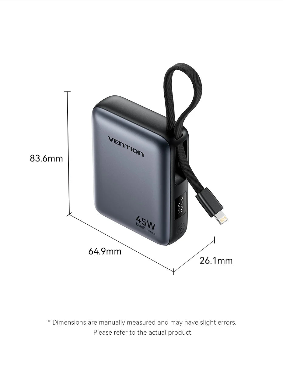 Vention 45W 10000mAh Powerbank mit integriertem USB-C- und Lightning-Kabel, tragbare Powerbank für iPhone 17 16 Samsung S26 S25 Xiaomi Poco