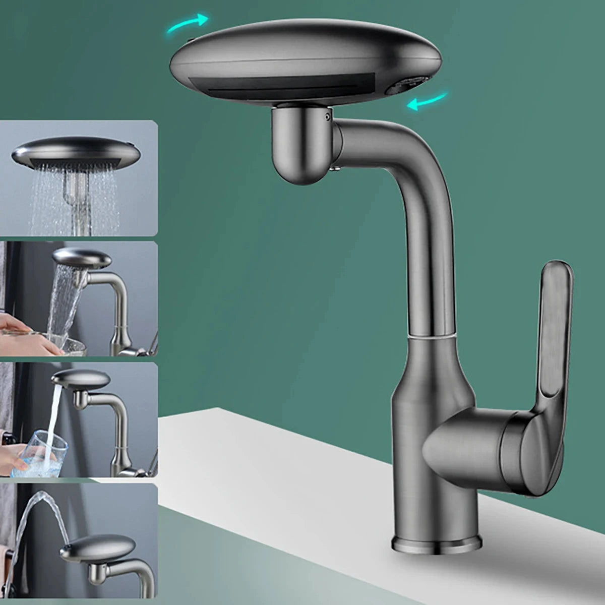 Robinet de lavabo cascade multifonctionnel 4 modes de sortie d'eau Robinet pulvérisateur Rotation à 360°, mélangeur d'eau chaude et froide pour salle de bain