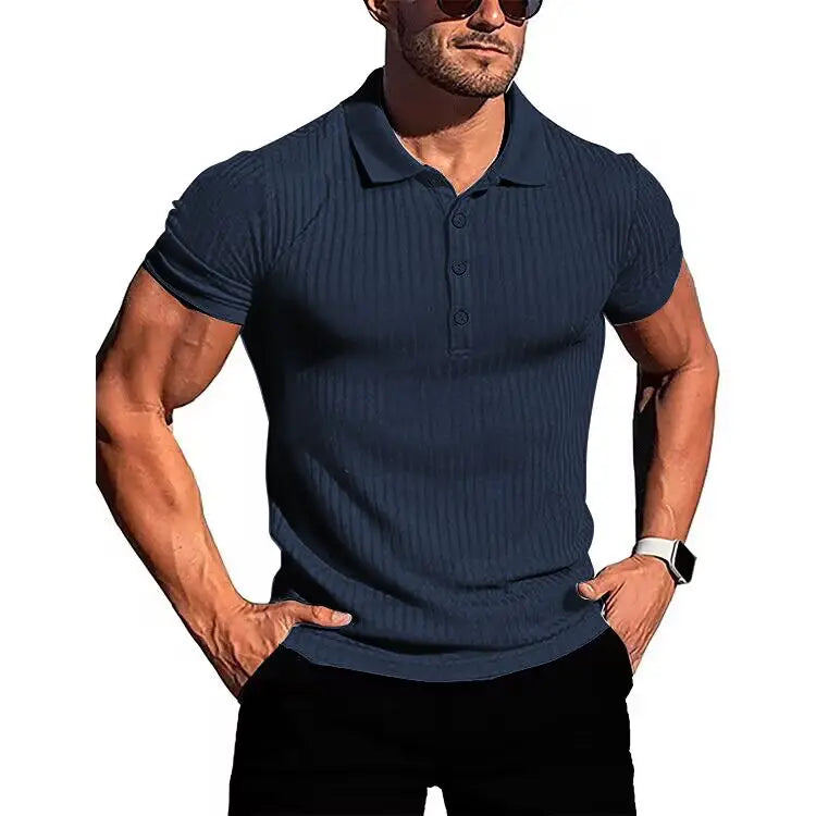 Herren Lauf-Sport-Fitnessbekleidung Sommer hochelastisches, vertikales Kurzarm-Polo-Shirt schlankes Strick-Basis-Shirt