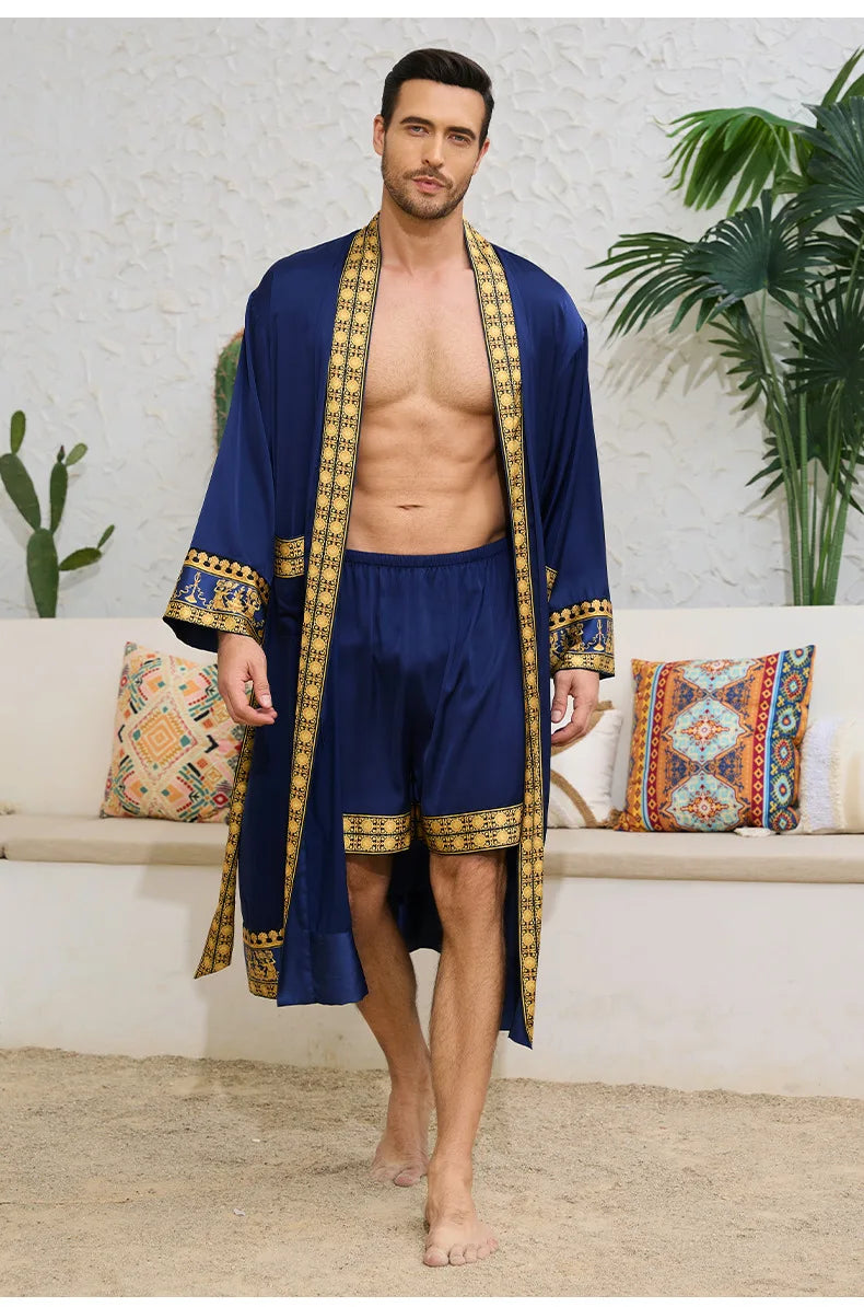 Frühling Sommer Neu Herren Schlafanzug 2-teiliges Roben-Shorts-Set Barockstil Seidensatin Kimono Bademantel Nachthemd Lose Homewear Loungewear