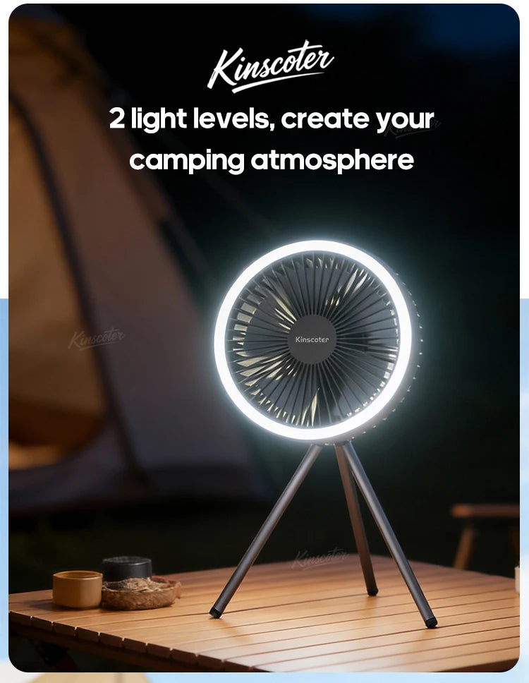 10000mAh 4000mAh Camping-Ventilator Wiederaufladbarer Tischventilator Tragbarer Zirkulator Kabelloser Deckenventilator mit Powerbank LED-Beleuchtung
