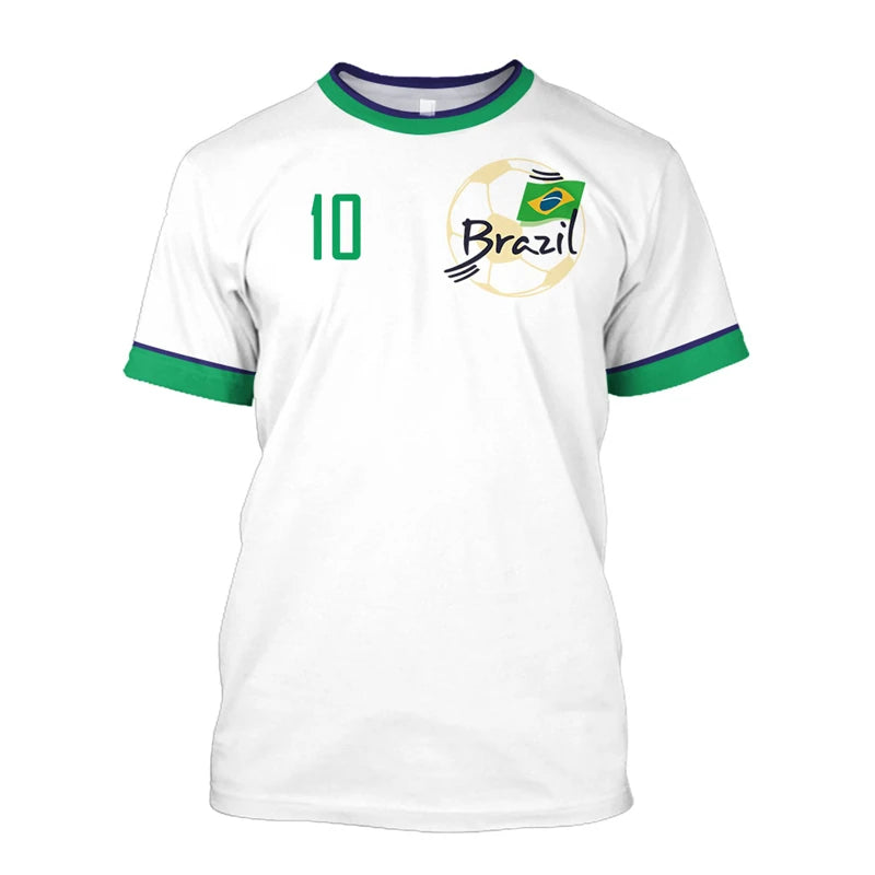 T-shirts de football Brésil Simples Mode d'été Manches courtes T-shirts imprimés drapeau brésilien 3D Hauts de sport décontractés Vêtements pour hommes