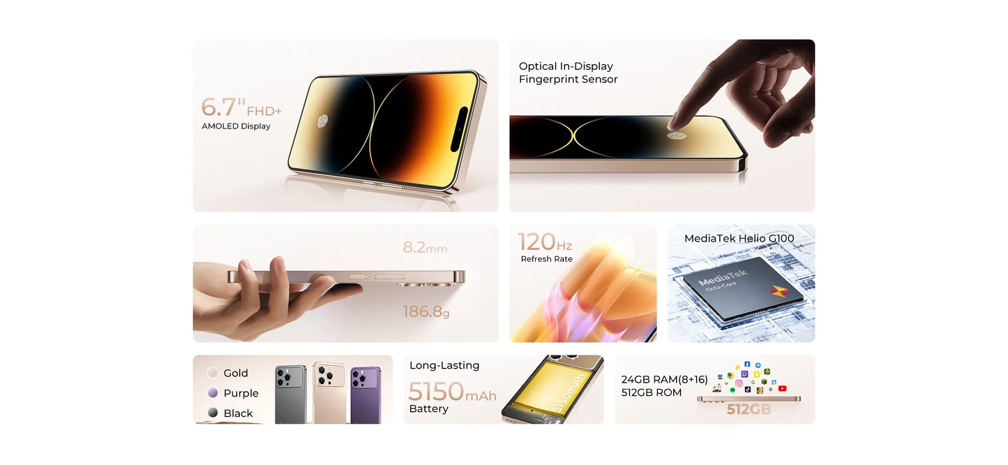 Smartphone Android OUKITEL P1 PRO, Écran FHD+ AMOLED 120Hz de 6,7 pouces, 24(8+16)Go+512Go ROM, Téléphone Portable Double SIM 4G, Batterie 5150mAh