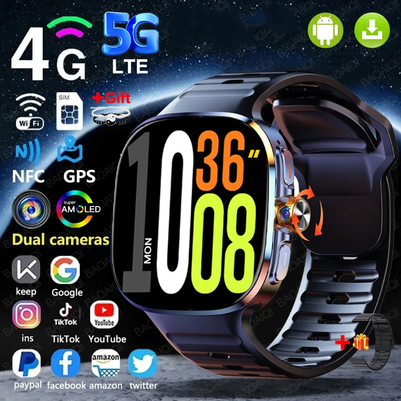 Montre intelligente 5G/4G réseau complet, écran HD 2,4 pouces, appel vidéo, 16 Go+256 Go de RAM, 2100 mAh, Google Play, WIFI, GPS, carte SIM