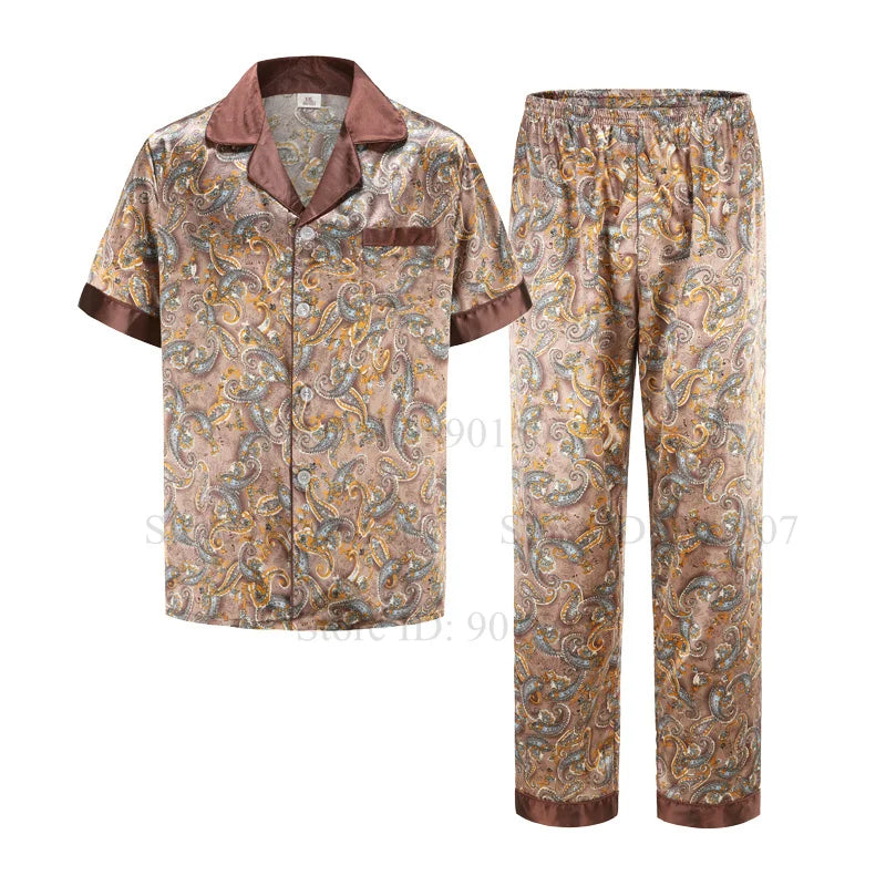 Eisseide Bademantel Herren Freizeitkleidung Hausanzug Bedrucktes Hemd & Hose Sommer Herbst Neuer Bademantel mit Tasche Lockere Nachtwäsche Loungekleidung