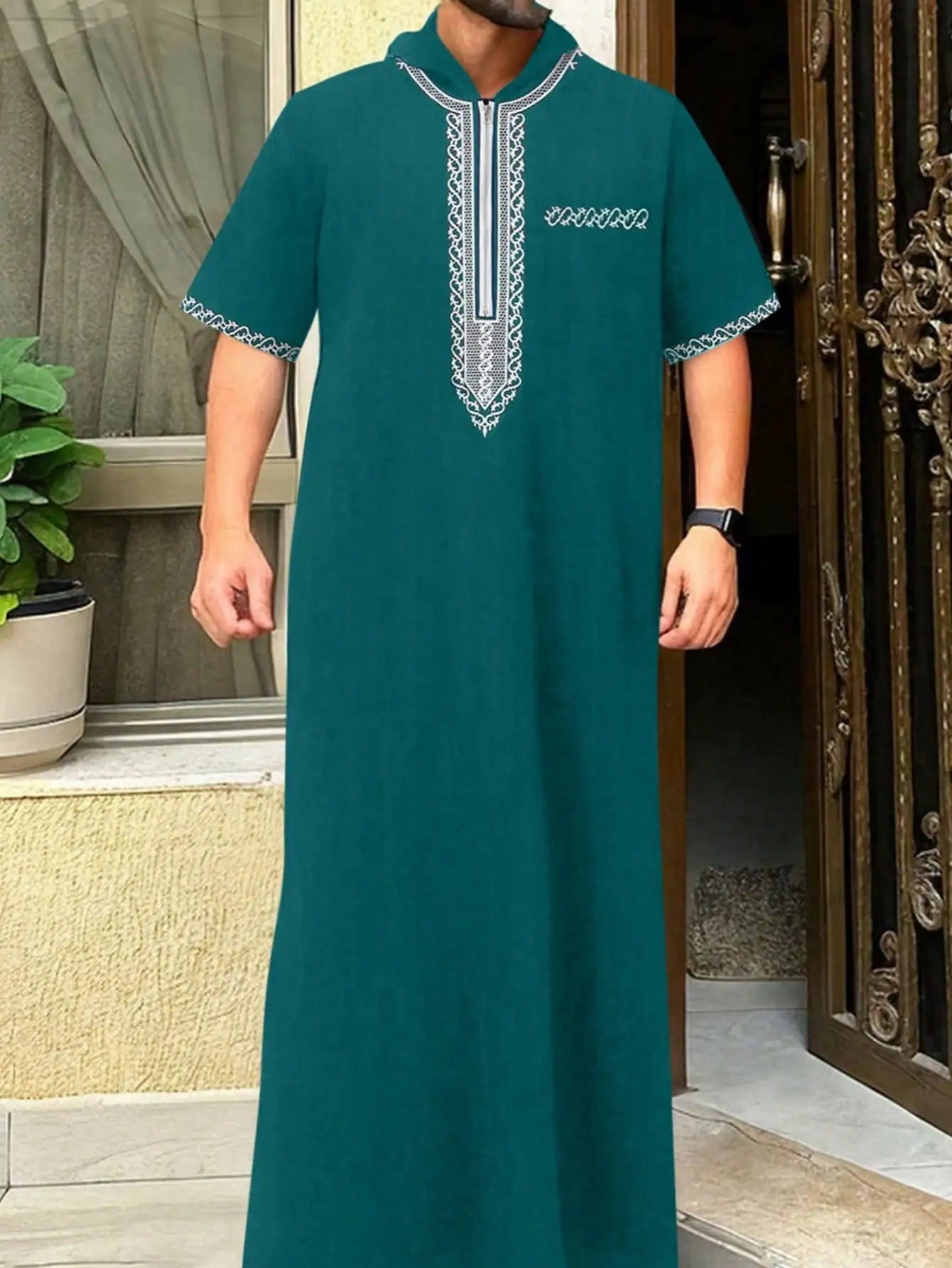 Thobe marocain pour hommes, manches longues, style ethnique brodé, col montant, fermeture éclair, abaya arabe tendance pour hommes musulmans