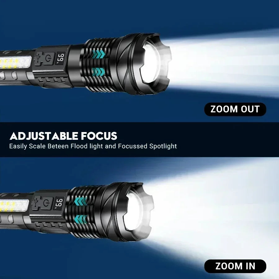 Super Big Flashlight USB Rechargeable Most Strong LED Flash Light Long Range Torch Zoom Outdoor With Digital Power Display