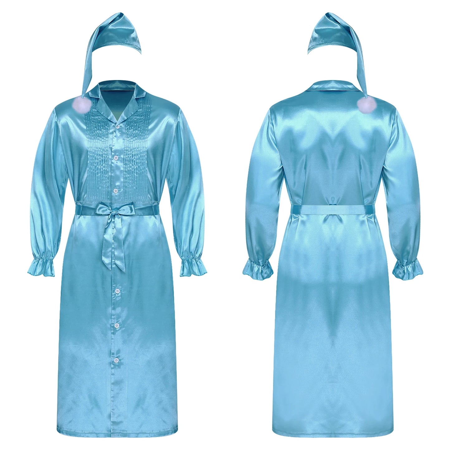 Herren Sissy Pyjama Satin-Nachtwäsche Nachthemd mit Schlafhaube Langarm Rüschenmanschetten Plissierter Brustumhang mit Gürtel Vintage
