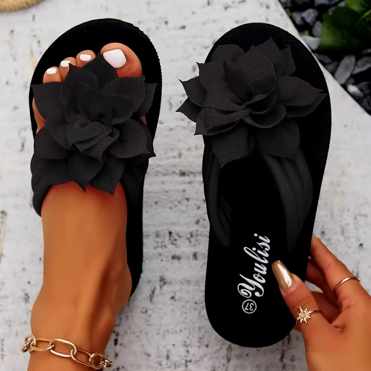 Damen geblümte Flip-Flops Slip-On Urlaub Stil Mittelhohe Absatz Sandalen Stoff Obermaterial EVA Sohle Innensohle Einfarbig Sommer Freizeit Schuhe