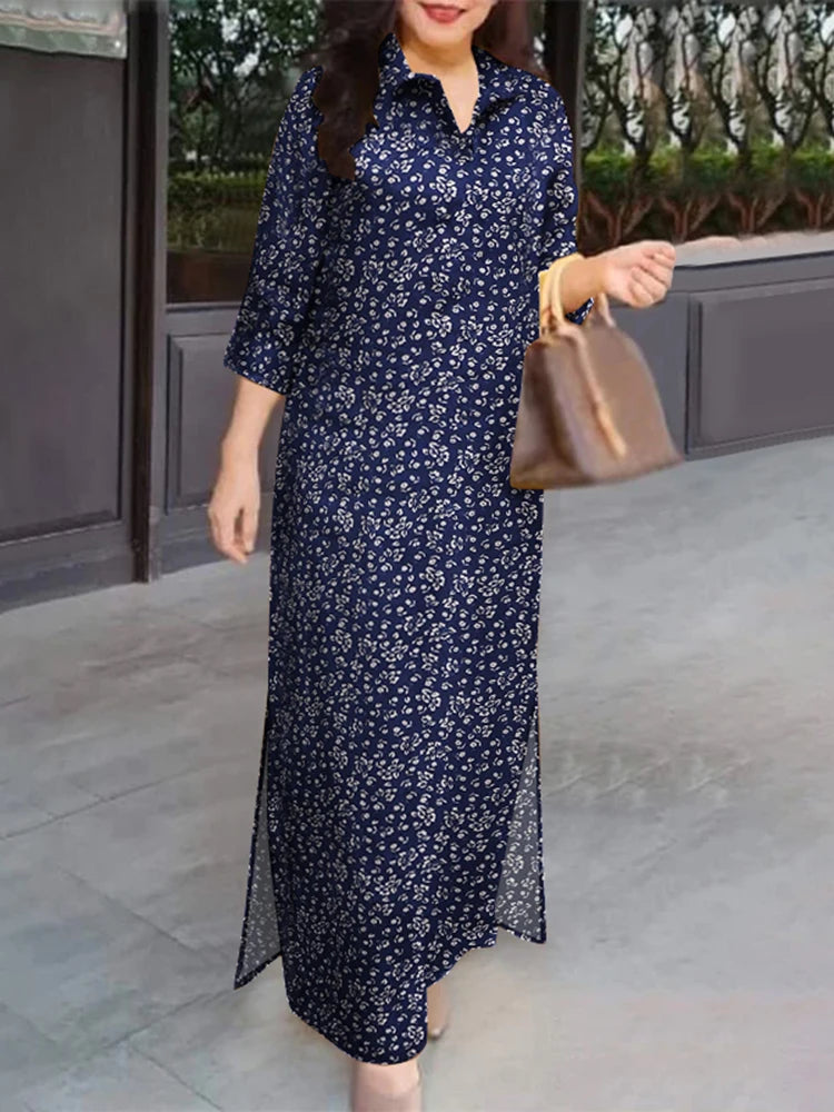 ZANZEA Robe longue à manches 3/4 pour femme, collection automne 2024, robe-chemise en coton avec col à revers, imprimé floral vintage, robe longue, nouveauté