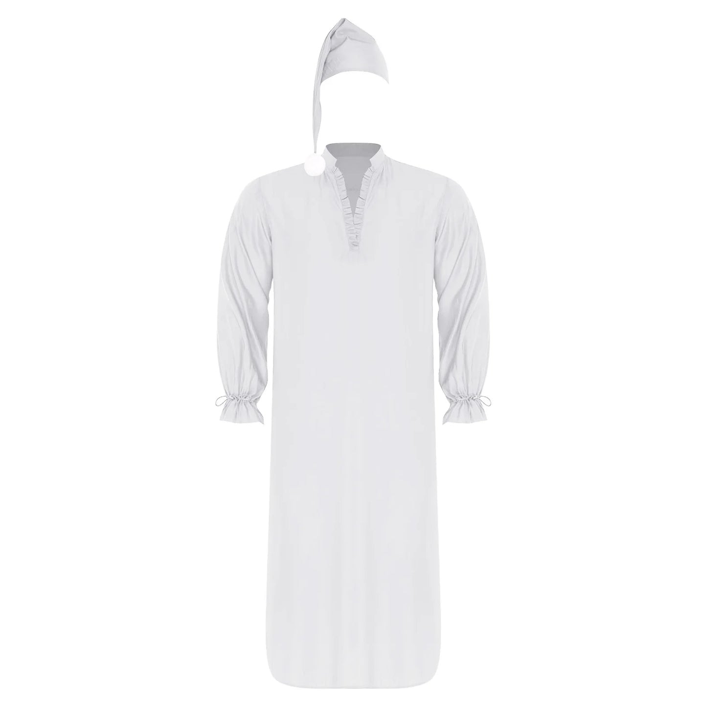 Herren Vintage Nachthemd Schlafanzug mit Schlafmütze V-Ausschnitt Rüschenbesatz Langarm mit Kordelzugbündchen Lockeres Schlafkleid