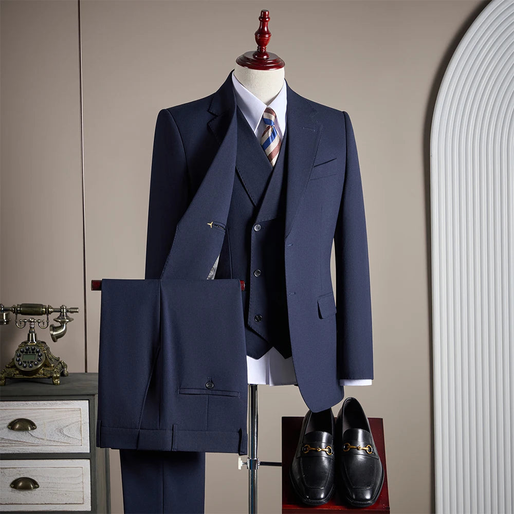 Ensemble de costume trois pièces en laine haut de gamme pour homme, élégant et décontracté, de couleur unie, idéal pour banquets et mariages.