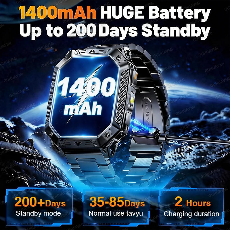 Montre connectée homme 2026 avec batterie ultra-large intégrée de 1400 mAh, GPS extérieur, écran AMOLED de 2,01", étanche 10 ATM, appel BT