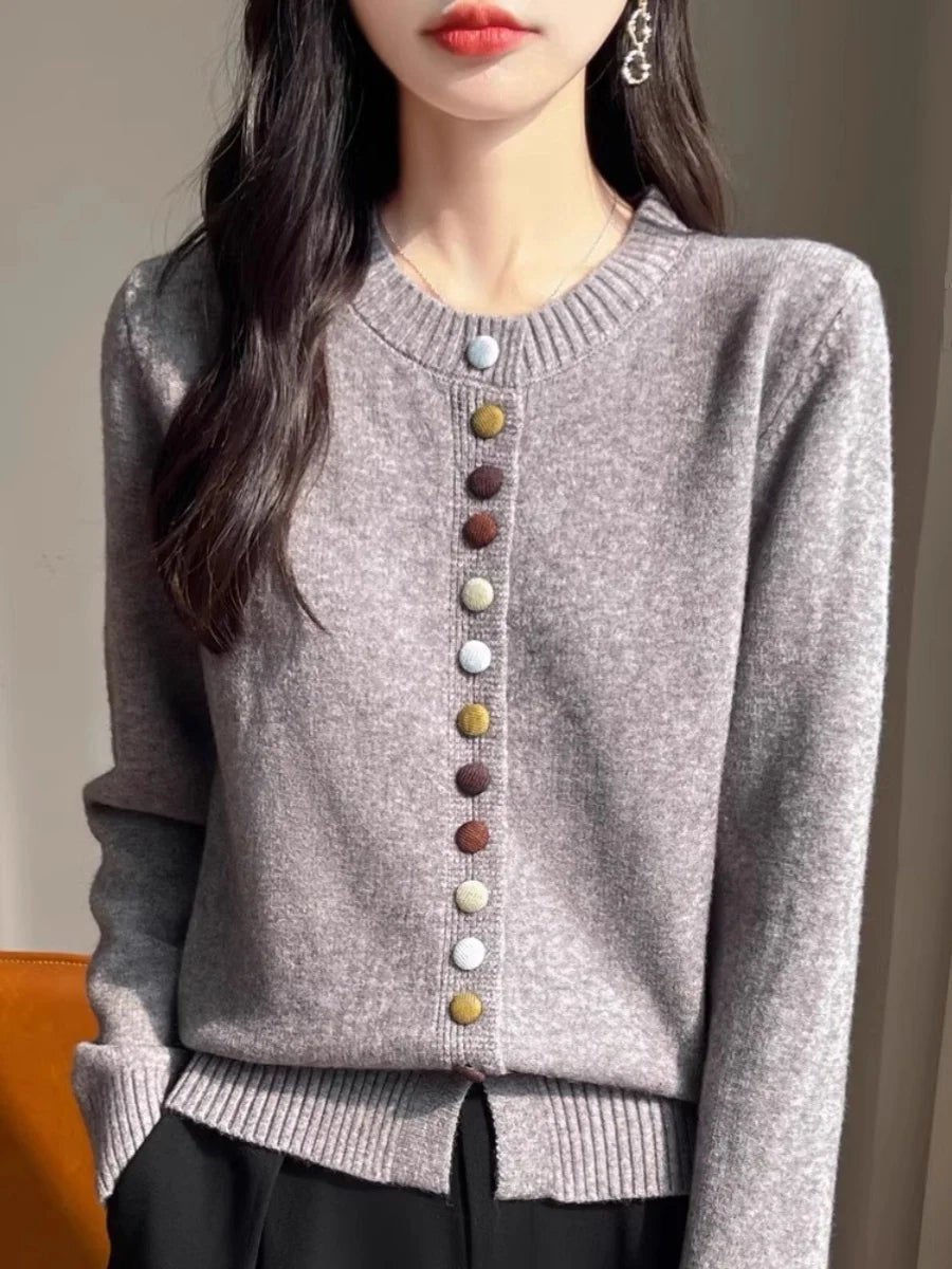 Cardigans Femme, Gilet Tricoté Chaud et Épais Boutonné à Col Rond Manches Longues pour l'Automne et l'Hiver, Haut de Chemise de Base
