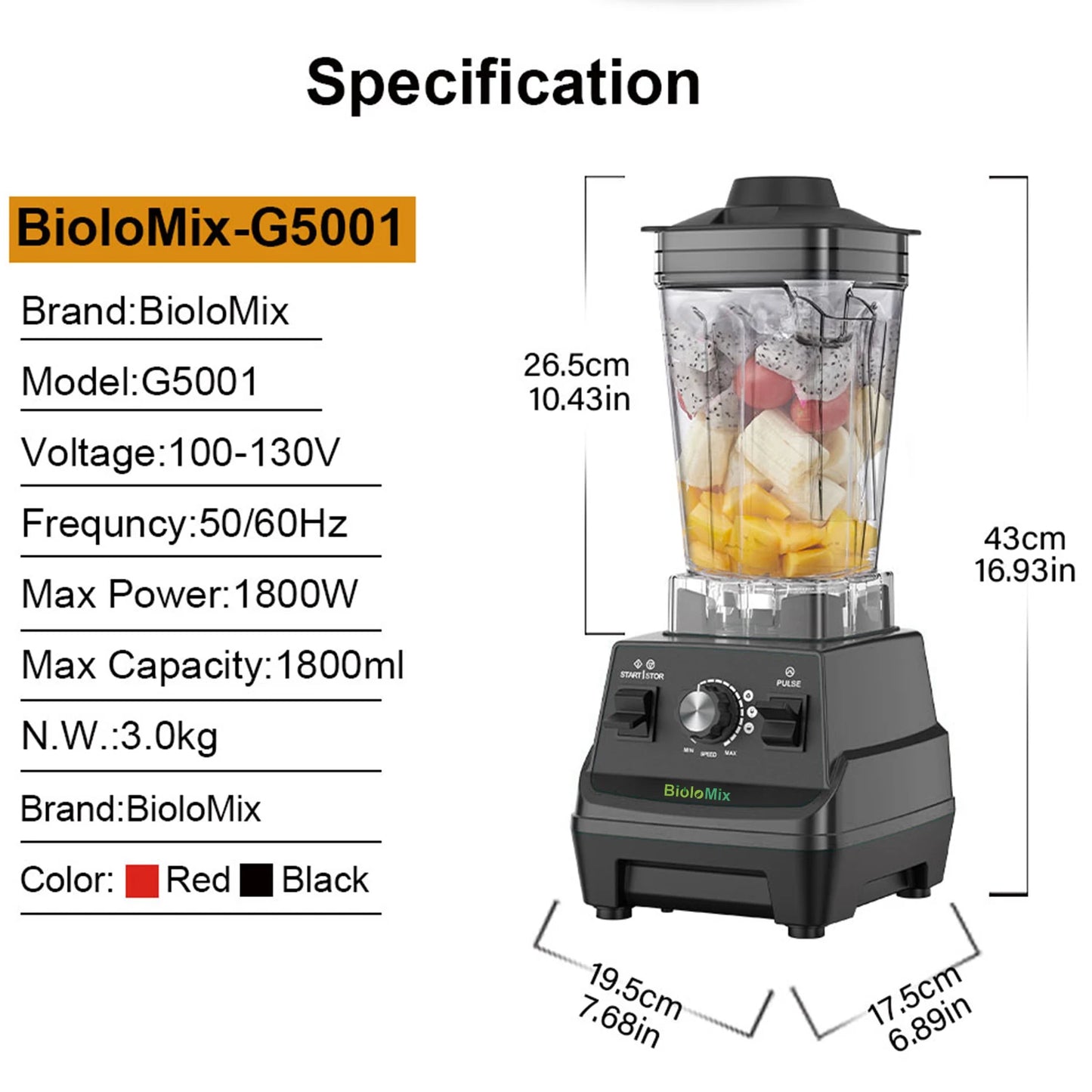 BioloMix Mini Pro 1800W Hochleistungs-Smoothie-Mixer BPA-frei 1,8L und 0,6L Doppelbehälter Hochleistungs-Küchenmixer Entsafter