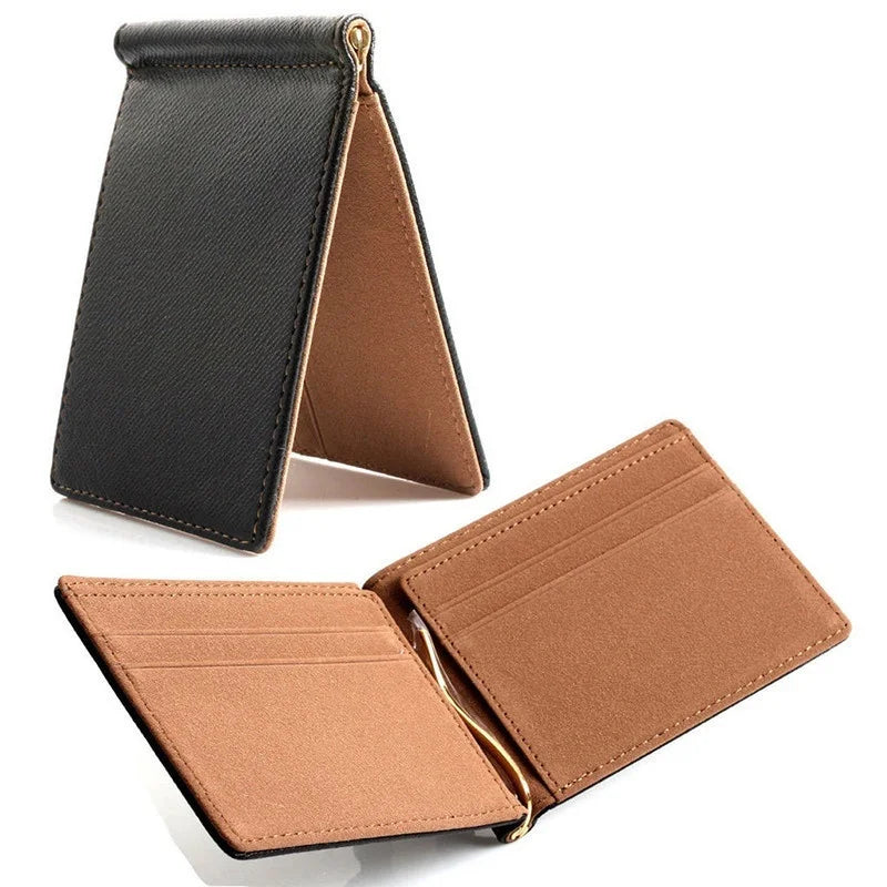 Portefeuille court pour hommes en cuir PU, porte-monnaie, pinces à billets, porte-cartes d'identité et de crédit, pochette fine et solide pour hommes