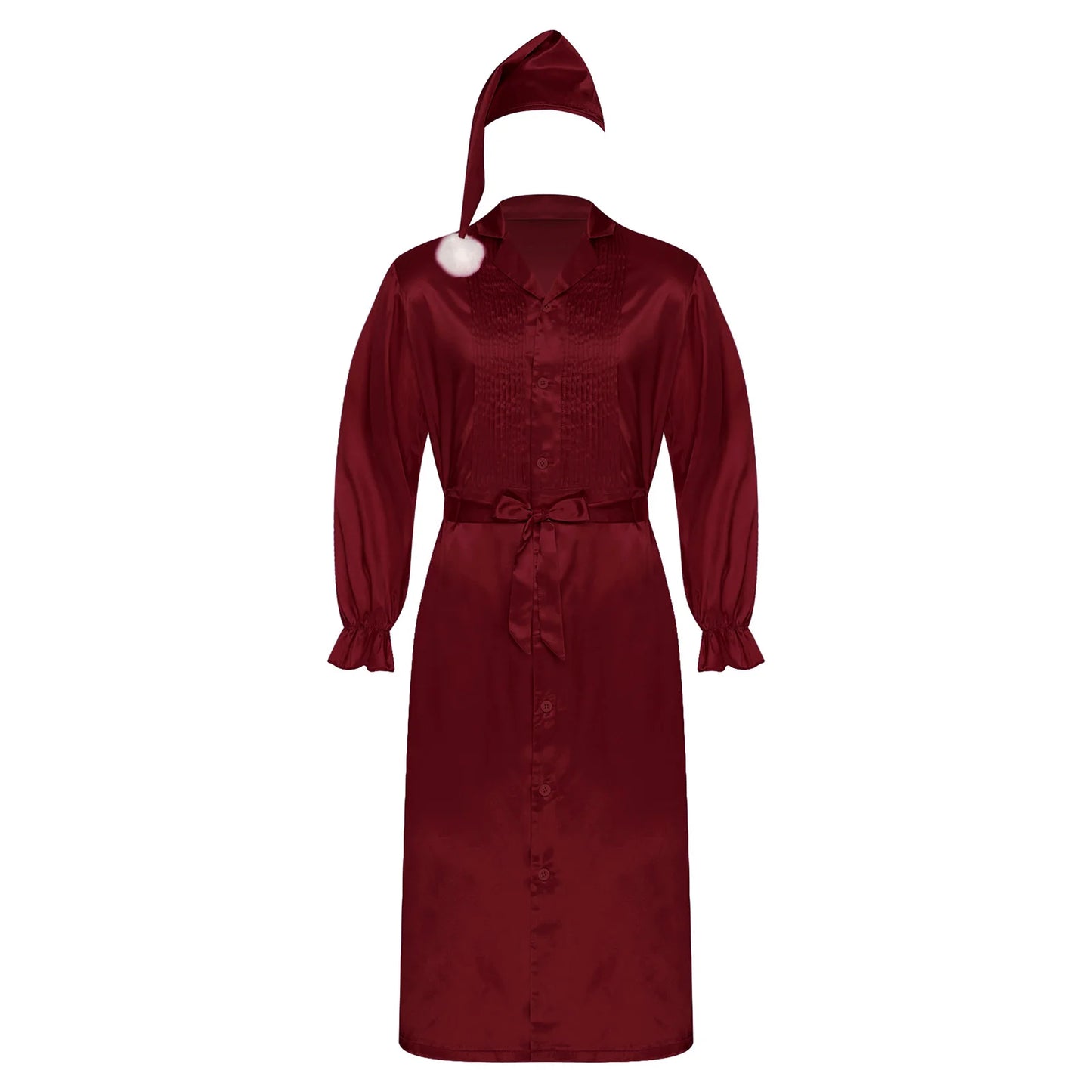 Herren Sissy Pyjama Satin-Nachtwäsche Nachthemd mit Schlafhaube Langarm Rüschenmanschetten Plissierter Brustumhang mit Gürtel Vintage