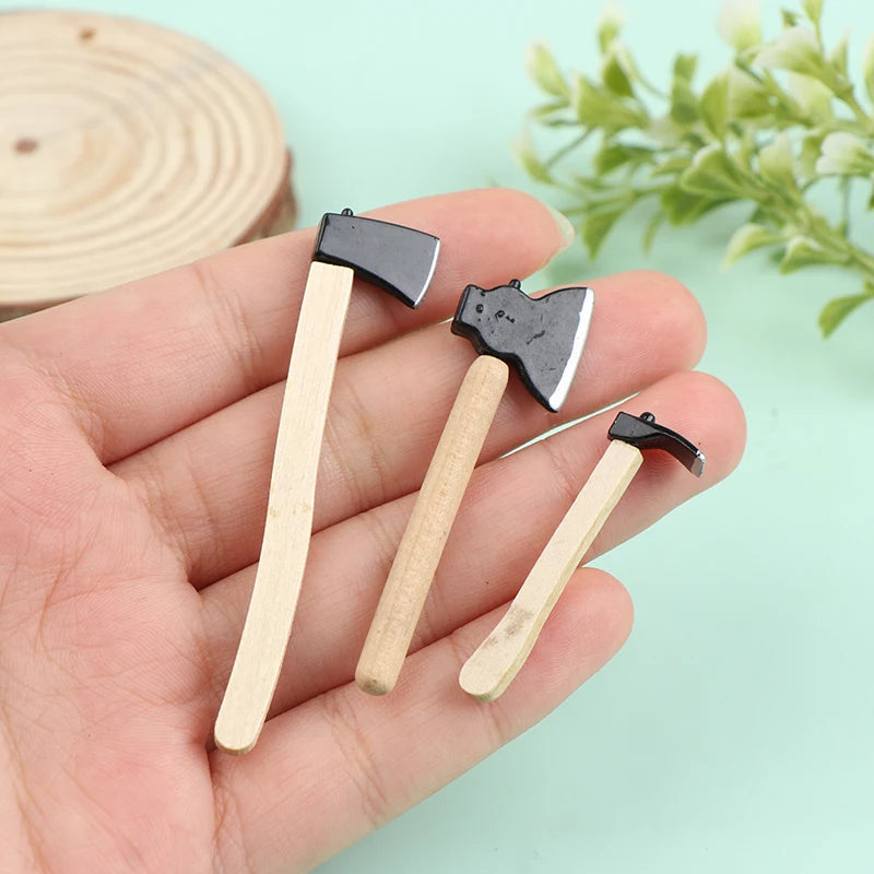 3er-Set Mini Holz Metall Beil Axt Puppenhaus Miniatur Werkzeuge