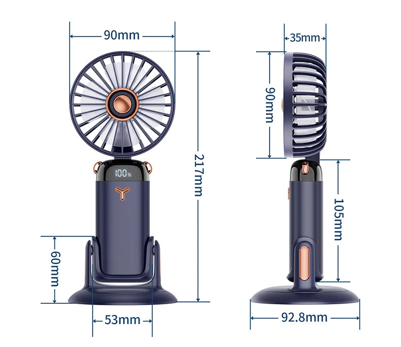 Mini ventilateur portable 3000 mAh pliable, à poser sur un bureau, à suspendre autour du cou, 5 vitesses, rechargeable par USB, support de téléphone, écran d'affichage