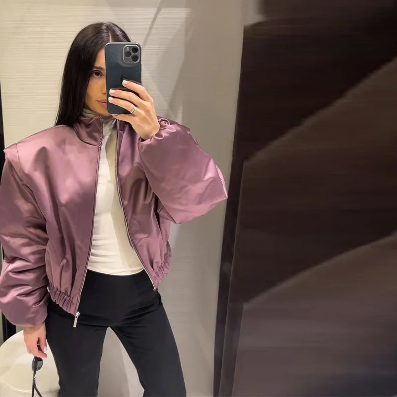 Fashion Y2K Satin Bomberjacke Damen Malve Puffärmel Cropped Reißverschluss Freizeit Jacke 2026 Frühling Lady Chic Street Mäntel Neu